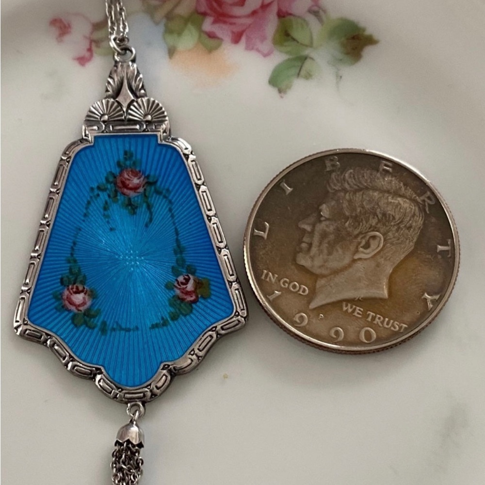 Gorgeous & Rare Find! Vtg Guilloche Sterling HFB Pendant with Chain